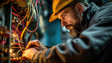 A focused electrician in a yellow safety helmet meticulously works on a complex electrical panel