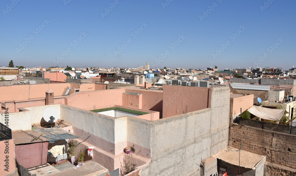 Marrakech, Morocco Rooftop Cityscape with Blue Sky