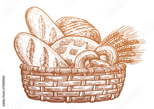 Basket full of baked goods. Bread and pastry, sketch vintage vector illustration