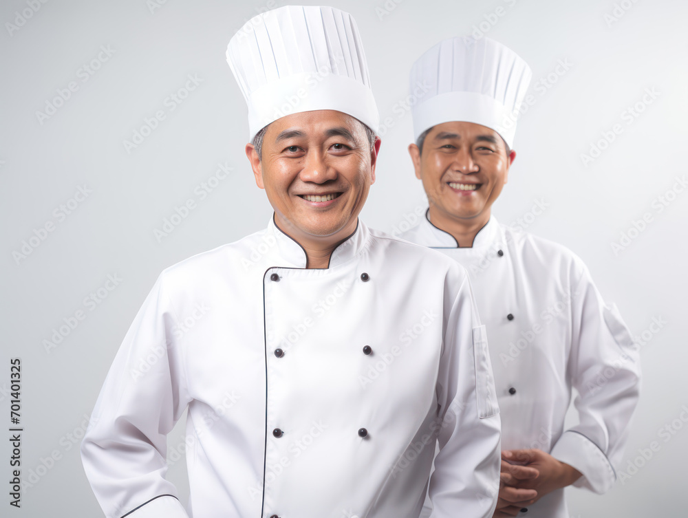 two smiling Asian chefs wearing white clothes isolated on white background two smiling Asian chefs wearing white clothes isolated on white background