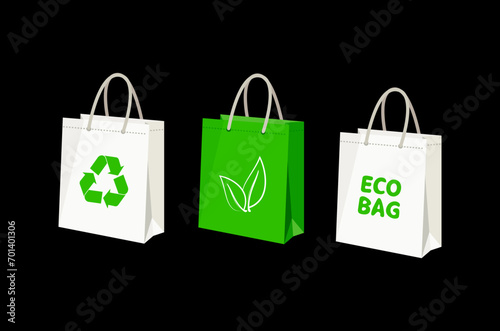 vector set of eco bags. shopping bags with recycle sign