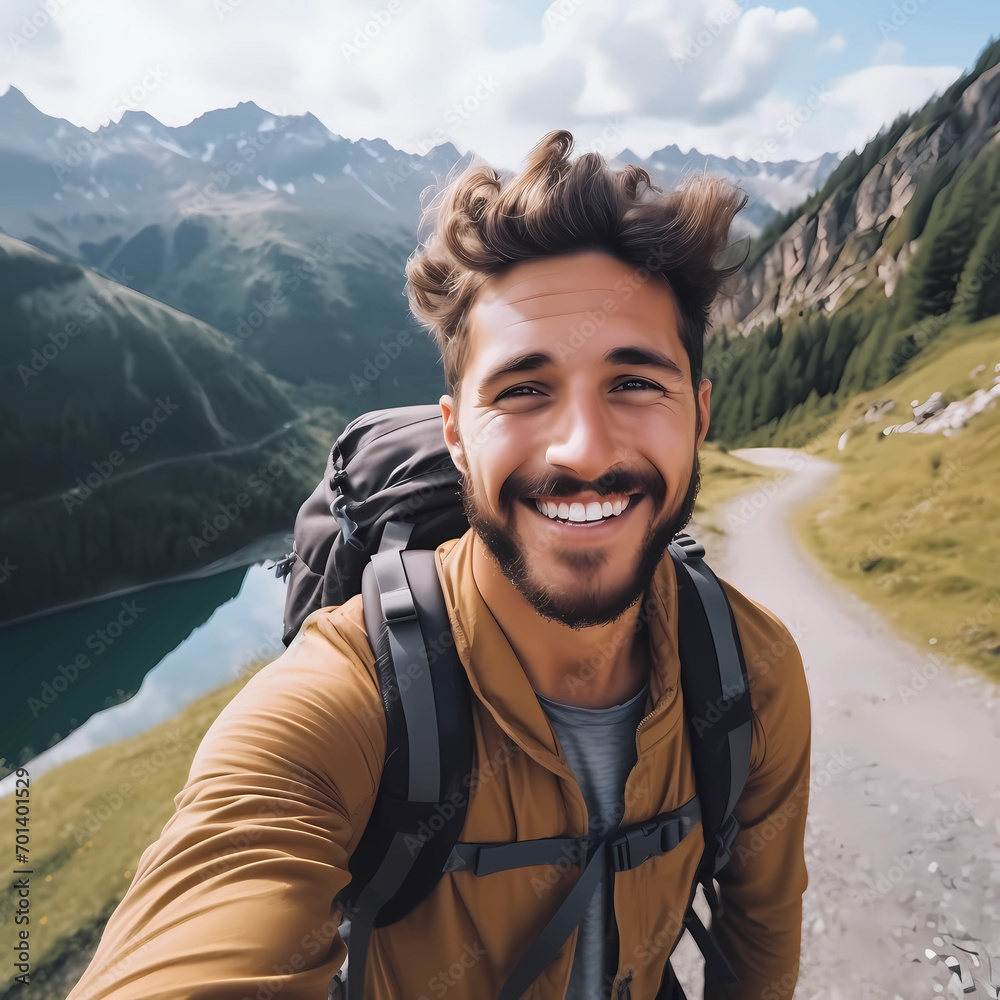 Happy hiker standing in front of mountains , Travel blogger enjoying nature view on summer trip