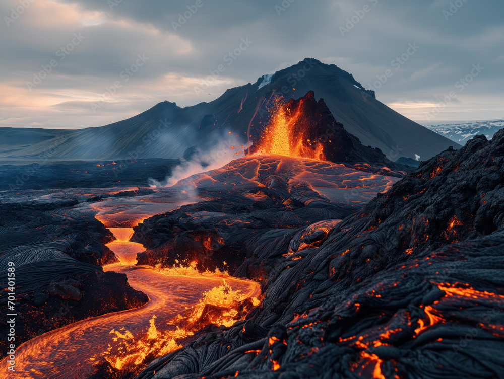 A volcanic eruption in action. The scene is dramatic and powerful, with glowing lava streams cutting through the hardened, blackened surface. The sky is tinged with the colors of dusk