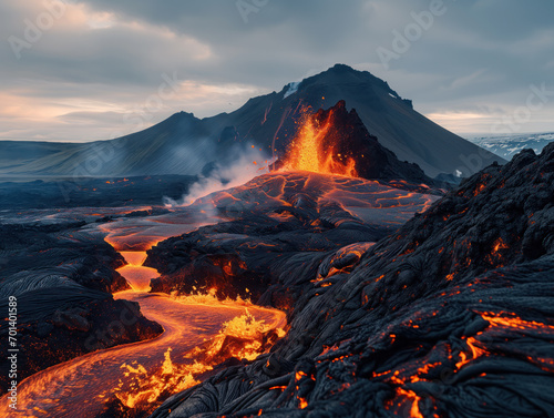 A volcanic eruption in action. The scene is dramatic and powerful, with glowing lava streams cutting through the hardened, blackened surface. The sky is tinged with the colors of dusk