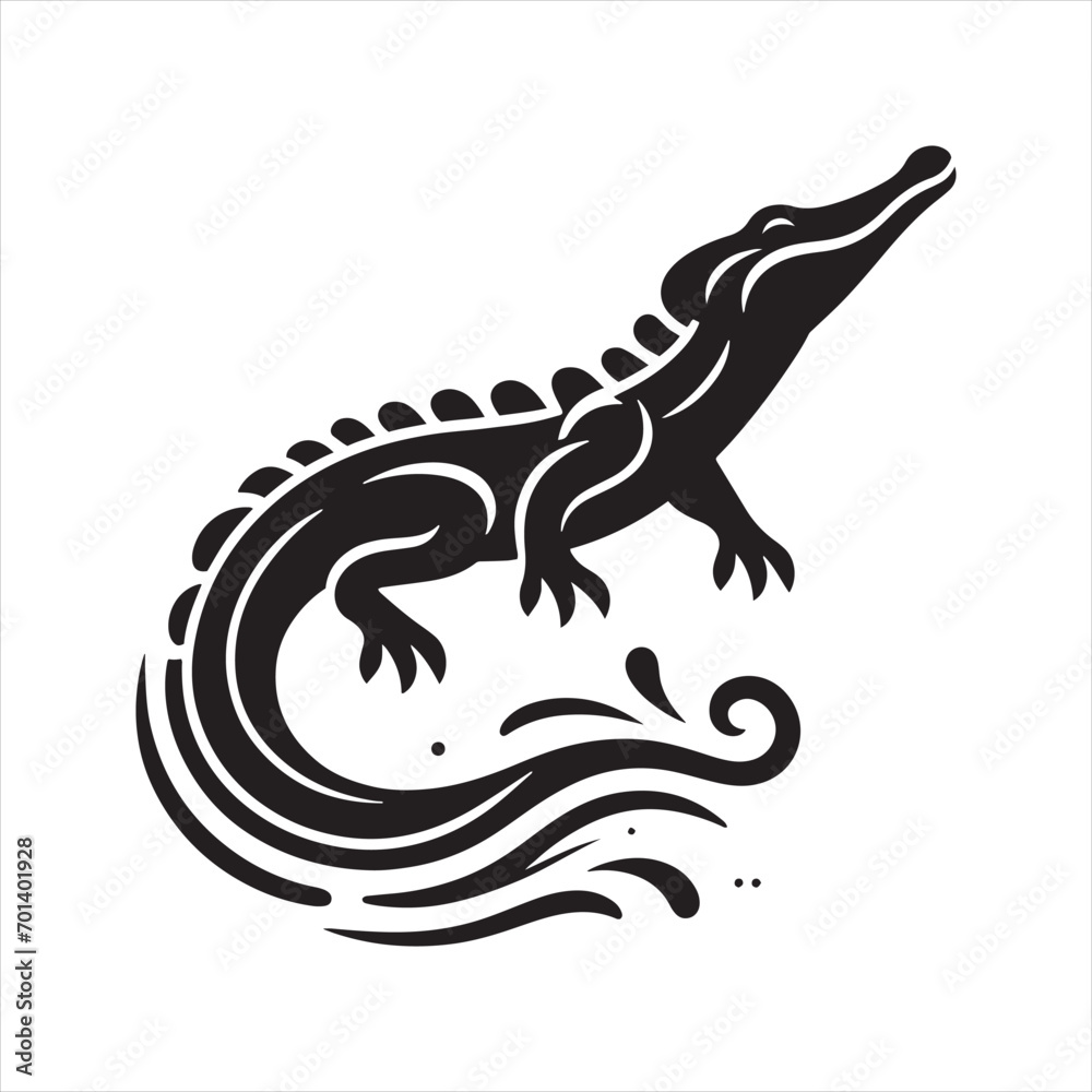 Crocodile Silhouette: Sinister River Guardian in Sharp Black Vector - Reptile Stock Vector
