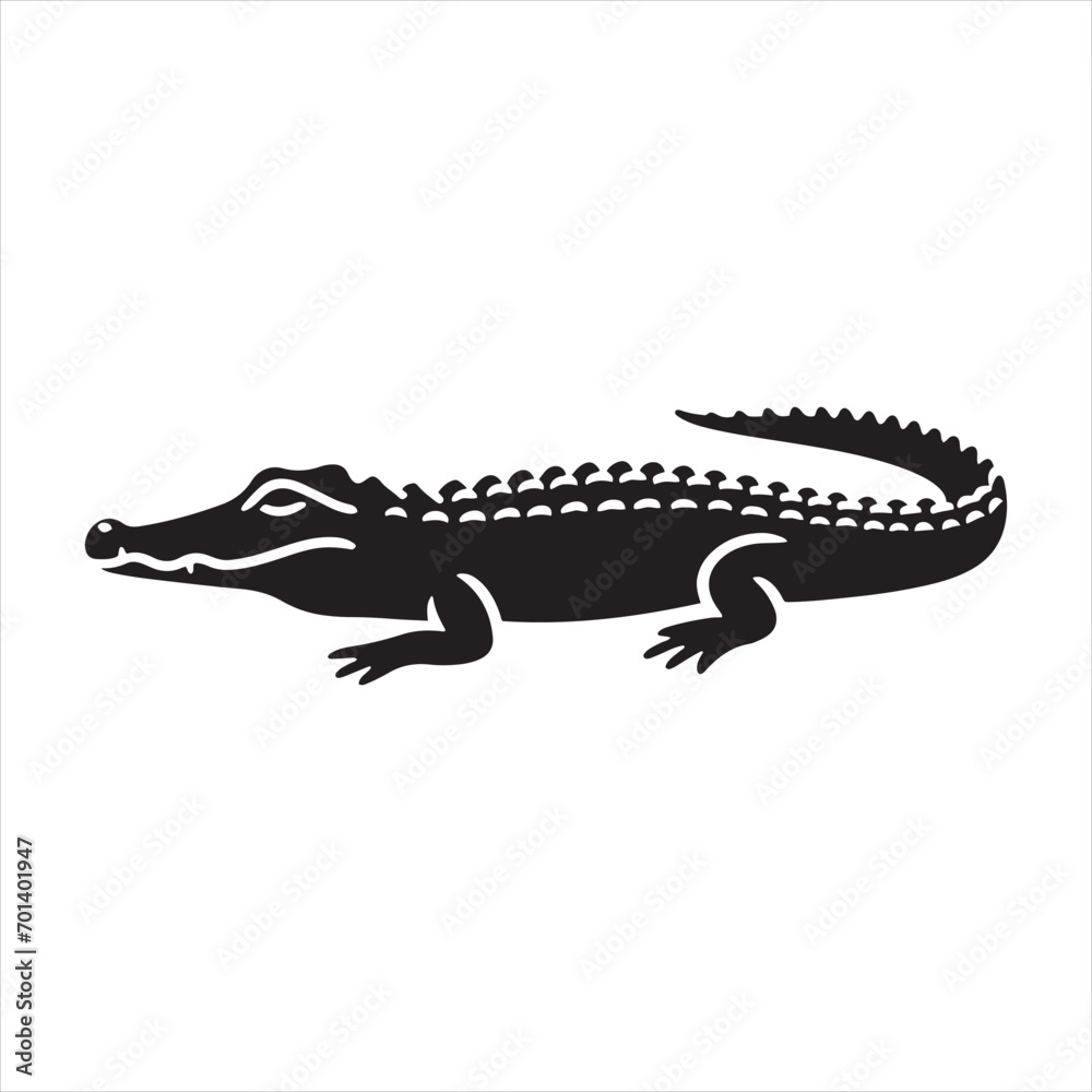 Naklejka premium Black Vector Crocodile Silhouette: Terrifying Alligator Presence in Detailed Shadow - Reptile Stock Vector