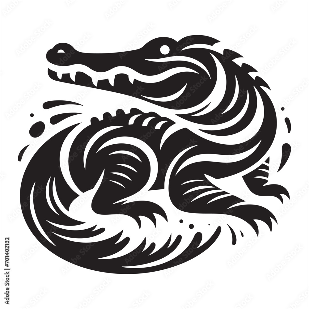 Black Vector Crocodile Silhouette: Fearsome River Guardian in Detailed Shadow Play - Reptile Stock Vector

