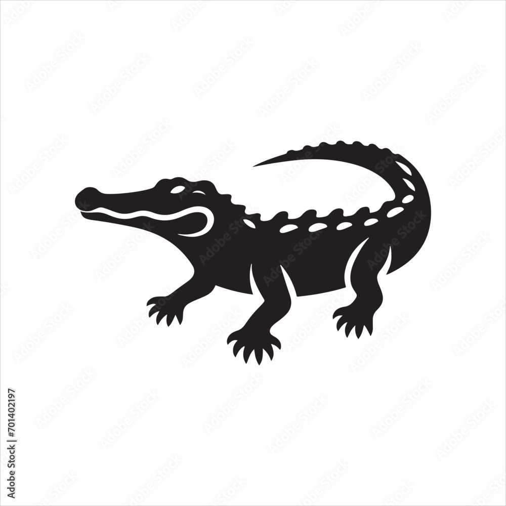 Black Vector Crocodile Silhouette: Menacing Reptilian Profile in Defined Shadow - Reptile Stock Vector

