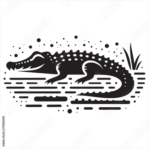 Crocodile Silhouette: Sinister Swamp Stalker in Bold Black Vector - Reptile Stock Vector

