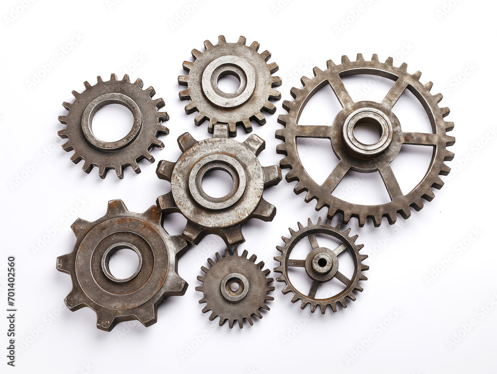 A bunch of gears, seven cogwheels placed on a white background A bunch of gears, seven cogwheels placed on a white background