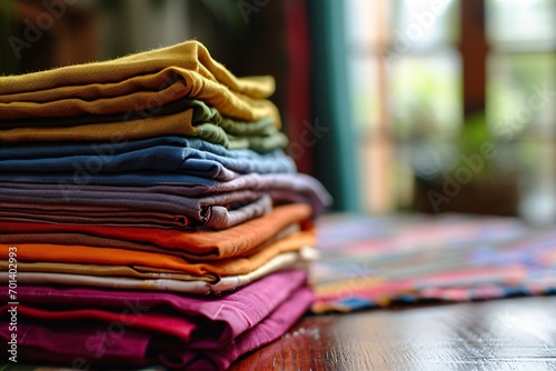 Stack of Colorful Clothes on Table Generative AI