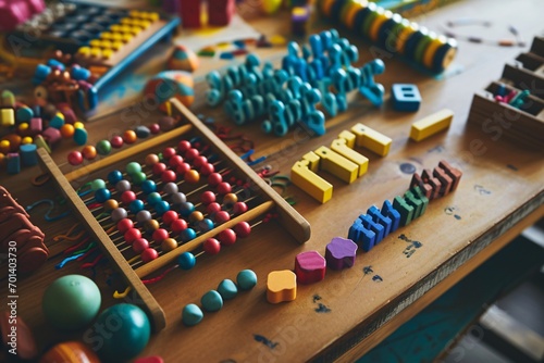 A wooden table with a variety of colorful toys and counting tools. Generative AI photo