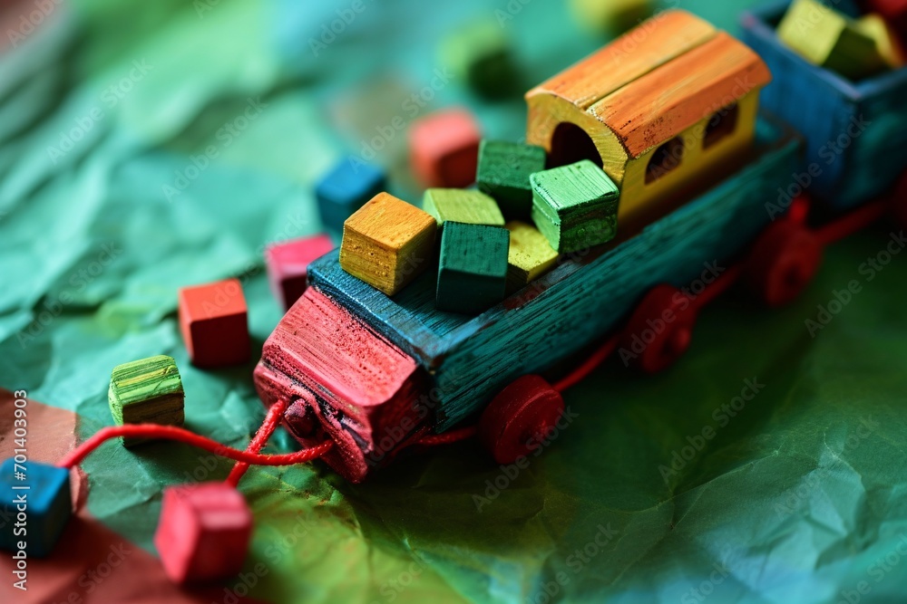 Obraz premium A colorful wooden train with a red rope attached to it. Generative AI