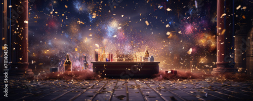 Fireworks in night celebration  happy new year concept. Wide banner