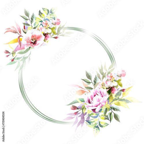 Beautiful apple blossom flowers frame illustration.Hello spring concept design with copy space. Easter blooming flower. Pink cherry blossom artwork with place for text.