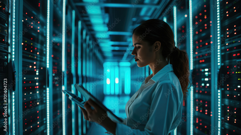 Focused IT professional using a laptop while standing in a server room with racks of network equipment illuminated by blue lights Focused IT professional using a laptop while standing in a server room with racks of network equipment illuminated by blue lights