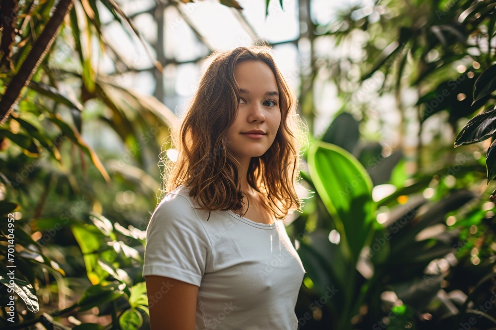 A woman in a white shirt standing in a greenhouse Generative AI A woman in a white shirt standing in a greenhouse Generative AI