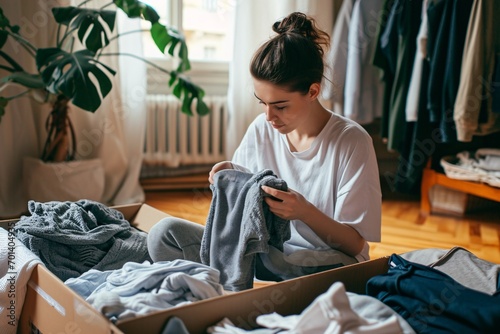 A woman in a white shirt folding clothes in a box Generative AI