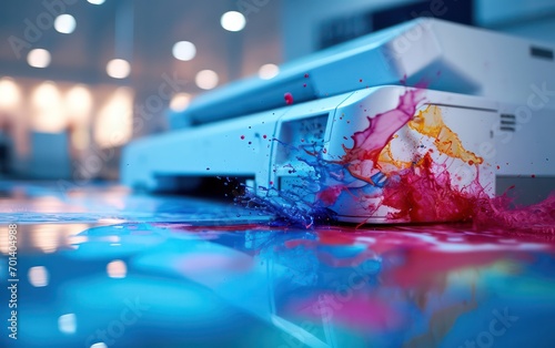 Professional photocopier or printer in an office setting, producing high-quality color prints with vibrant splashes Spilled paint of color. photo