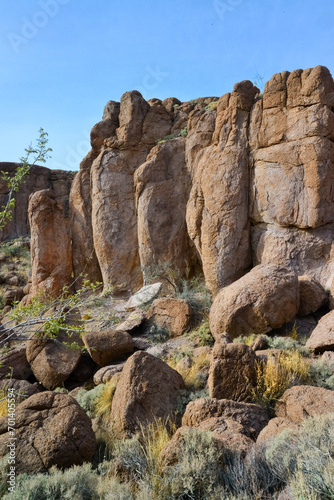 Mountain erosion formations of red mountain sandstones, Desert landscape with cacti, Arizona