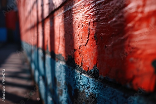 A red brick wall with peeling paint and a blue stripe Generative AI photo