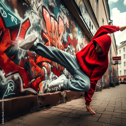 Un danseur de hip hop dans une ruelle recouverte de graffitis photo