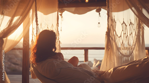 Beautiful caucasian woman relaxing at beach during vacation