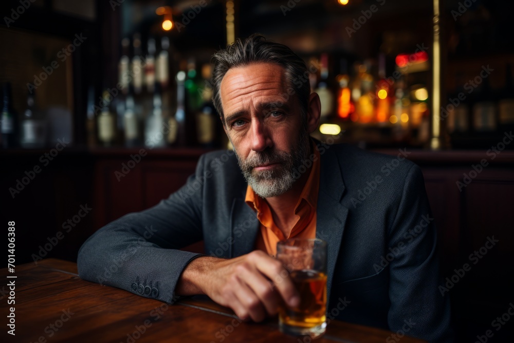 Portrait of a handsome senior man in a bar drinking whiskey.