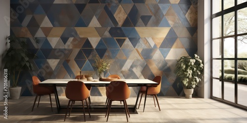 Geometric featuring an intricate  tile wall edging pattern. It draws inspiration from glazed surfaces and boasts a rustic texture, with a color palette ranging from light yellow to dark blue.