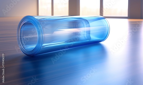 3d rendering of a rolled up blue yoga mat in a gym