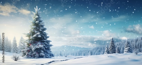 Fantastic winter landscape with snow covered fir trees. Panoramic view.