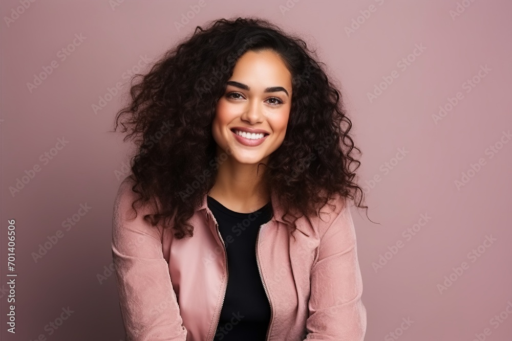 Portrait of a beautiful young woman with curly hair over pink background Portrait of a beautiful young woman with curly hair over pink background