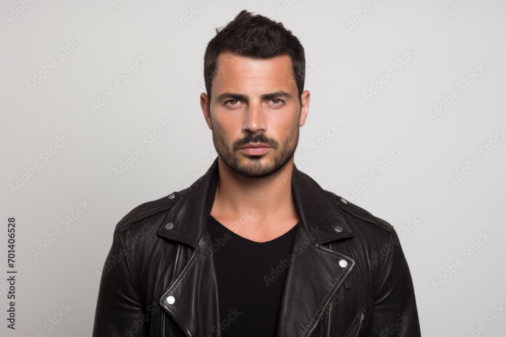Handsome young man in leather jacket, looking at camera, on grey background