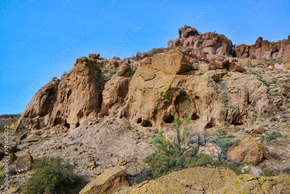 Mountain erosion formations of red mountain sandstones, Desert landscape with cacti, Arizona Mountain erosion formations of red mountain sandstones, Desert landscape with cacti, Arizona