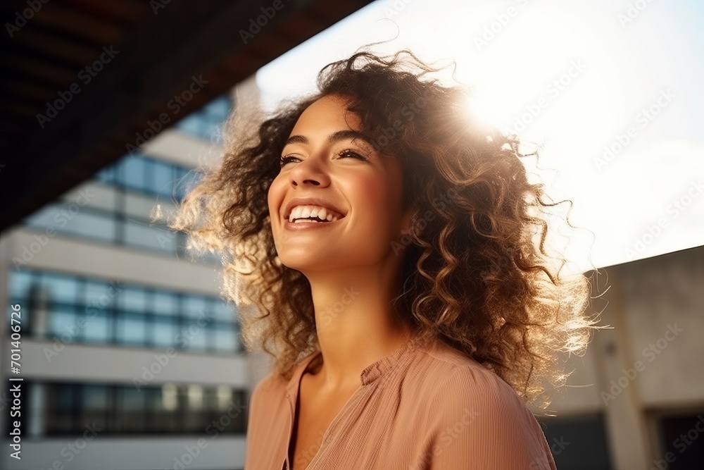 Portrait of a beautiful young woman with curly hair smiling outdoors.