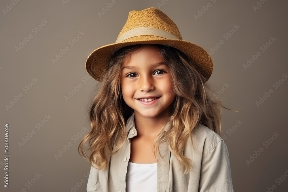 Portrait of a cute little girl in a straw hat on a gray background