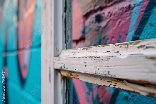 A peeling paint window frame with a colorful mural in the background Generative AI