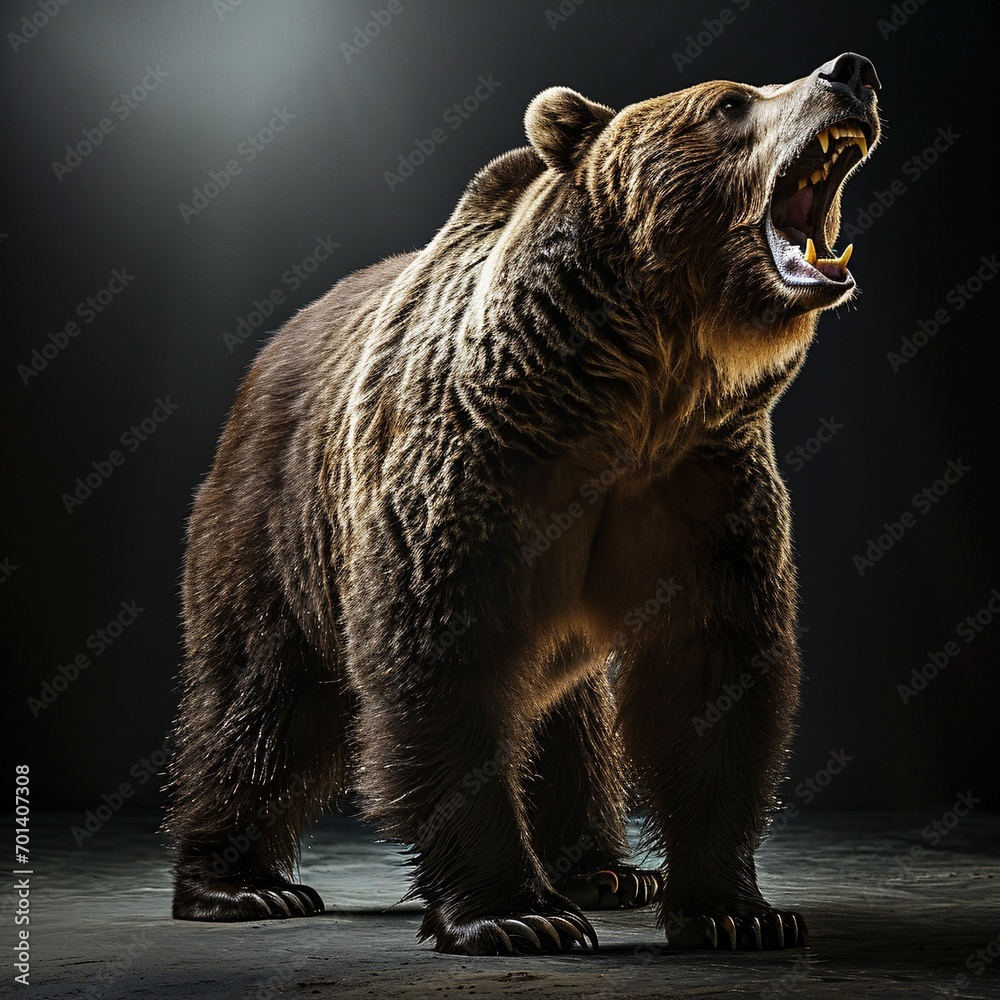 Obraz premium A large brown bear with its mouth open, roaring in the wild Generative AI