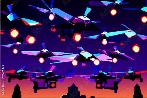 Drone swarm performing a light show vektor illustation