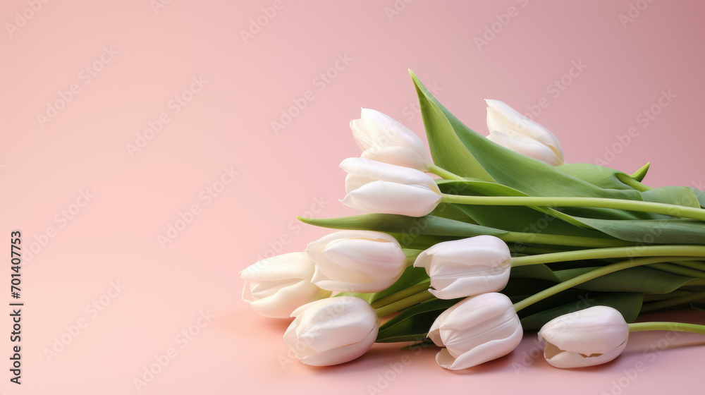 Bouquet of tulips arranged against a soft pink background Bouquet of tulips arranged against a soft pink background
