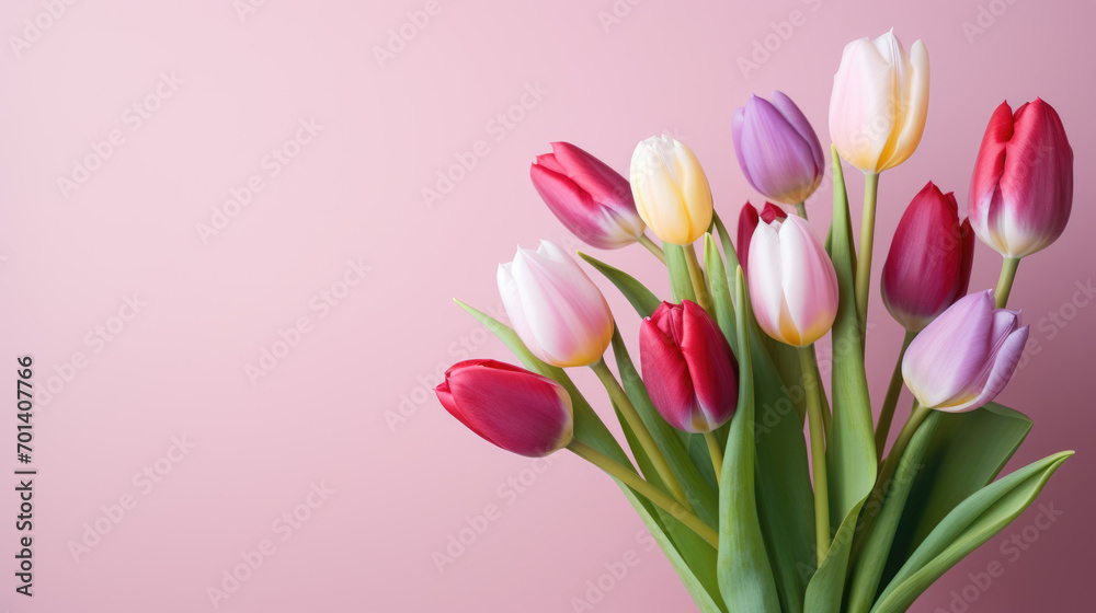 Bouquet of tulips arranged against a soft pink background