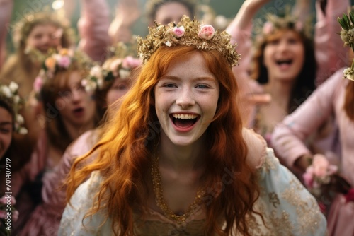 young red-haired girl celebrating her birthday  with a crown of flowers on her head