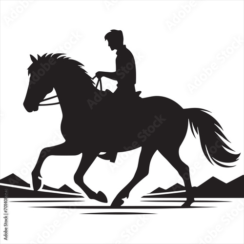 Celestial Canter: Silhouetted Rider and Horse in the Starlit Enigmatic Dance - Man riding horse stock vector - Black vector horse riding Silhouette
