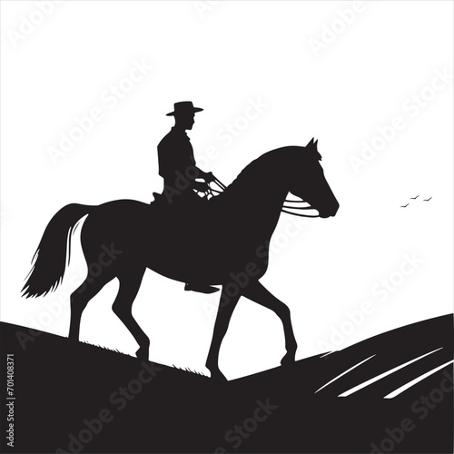 Ebon Equine Sonata: Silhouette of Rider and Noble Steed in Celestial Night's Ballet - Man riding horse stock vector - Black vector horse riding Silhouette
