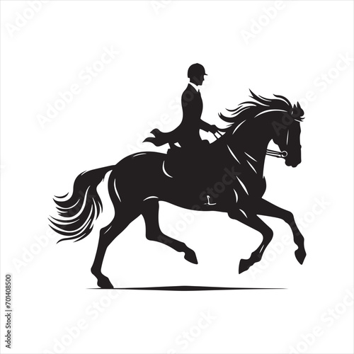 Moonlit Equestrian Dance: Silhouetted Rider and Steed in Celestial Waltz - Man riding horse stock vector - Black vector horse riding Silhouette
