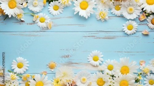 Floral arrangement of white daisies and yellow flowers scattered on a vibrant blue wooden background © MP Studio