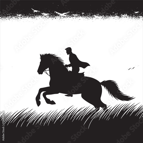 Shadowy Horseback Adventure: Equestrian Silhouette Dancing in Midnight Symphony - Man riding horse stock vector - Black vector horse riding Silhouette
