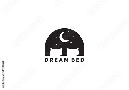bed and pillow logo, night moon stars bedroom design concept