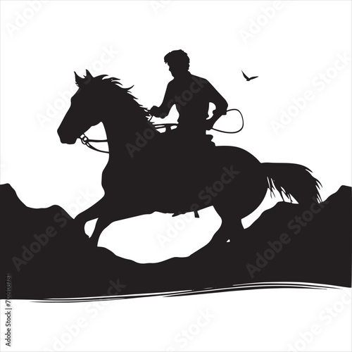 Galactic Horse Ride: Silhouette of Rider and Noble Steed in Celestial Adventure - Man riding horse stock vector - Black vector horse riding Silhouette
