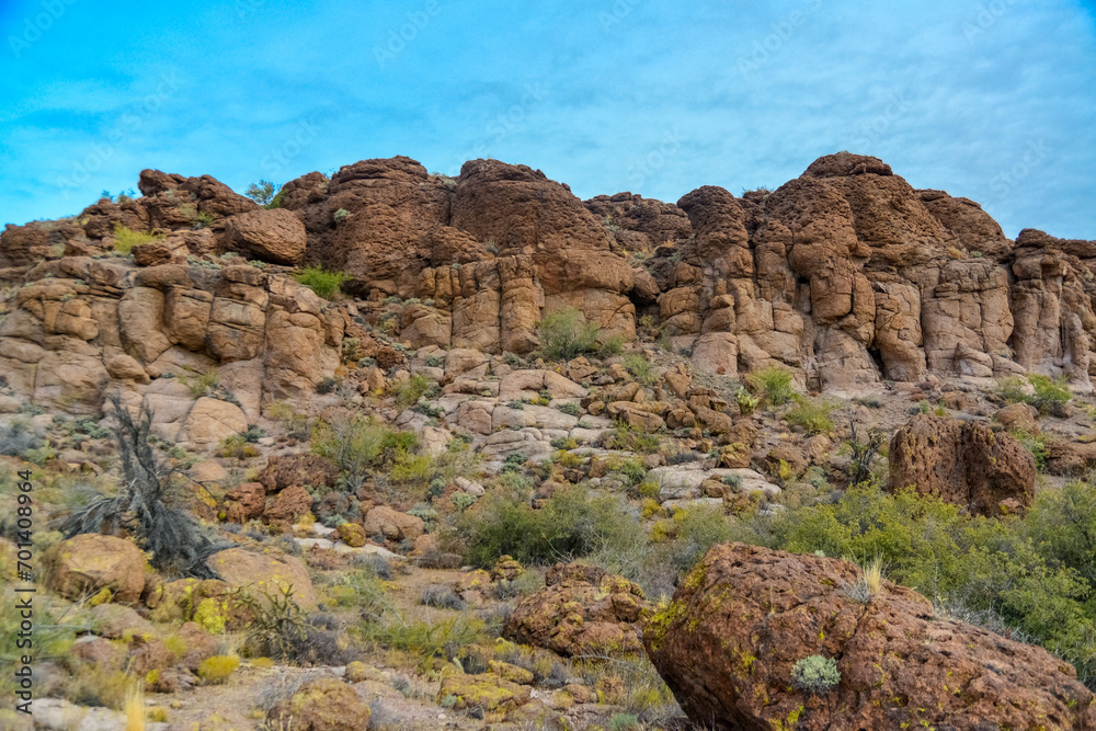 Mountain erosion formations of red mountain sandstones, desert landscape. Arizona